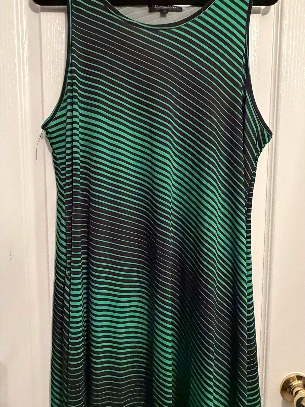 Green and Black Striped Midi Dress - Sleeveless A-Line